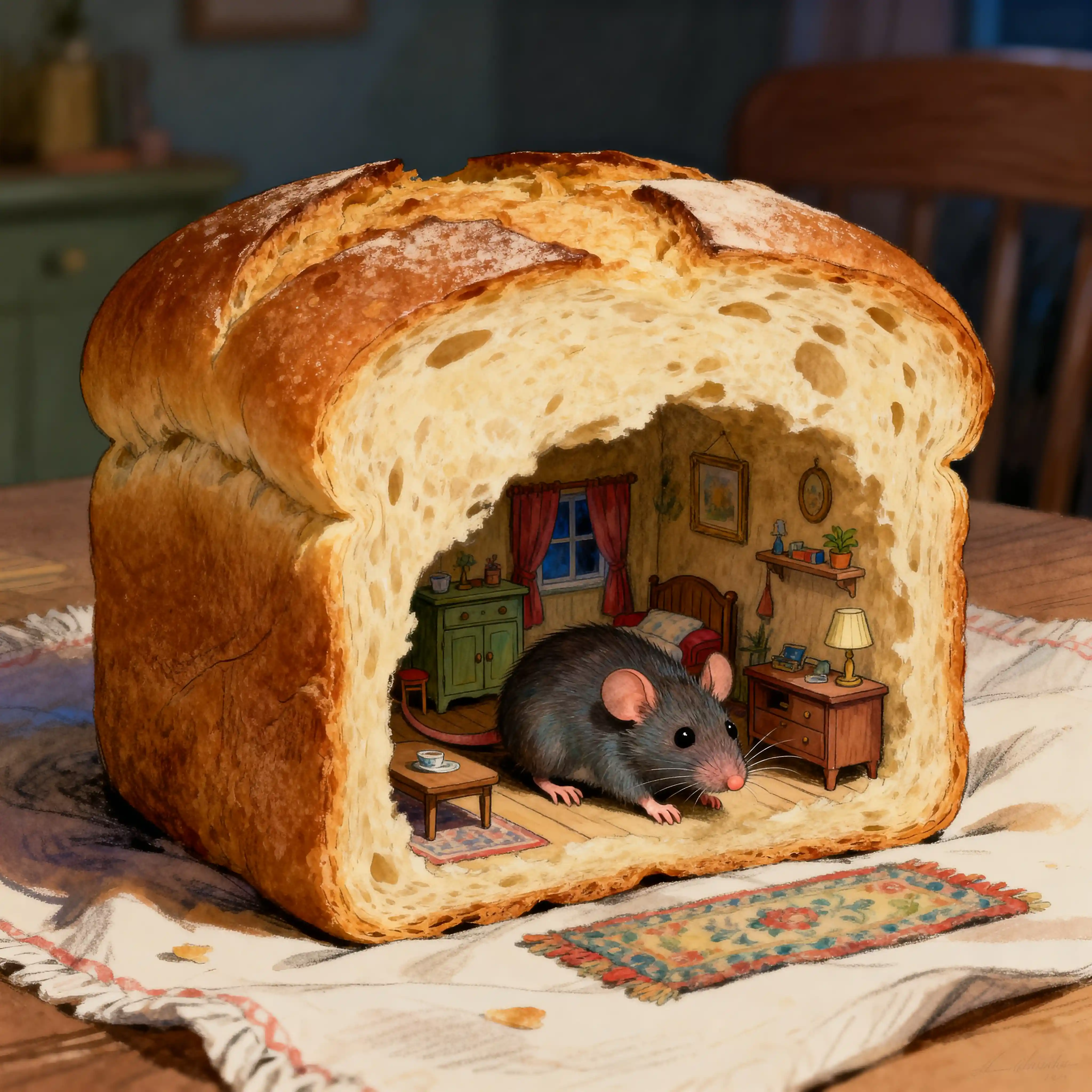 Whimsical tiny rat hiding inside a cozy bread home