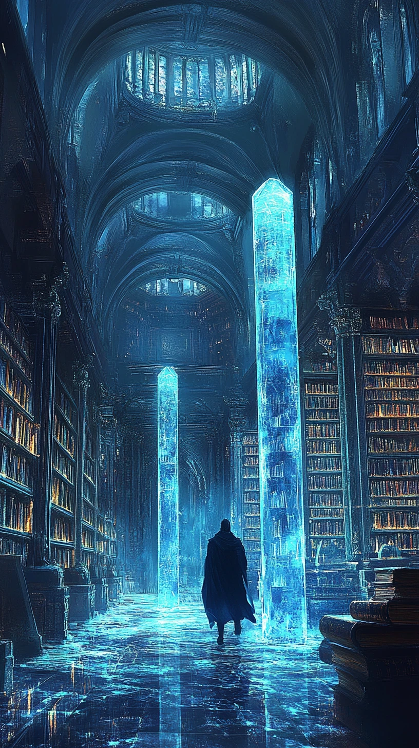 Vasta biblioteca mística con columnas cristalinas luminosas y escarcha