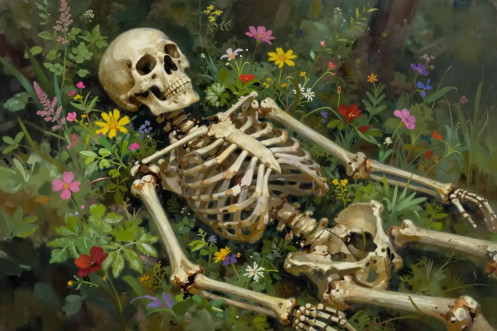 Scheletro avvolto da fiori e fogliame vibranti
