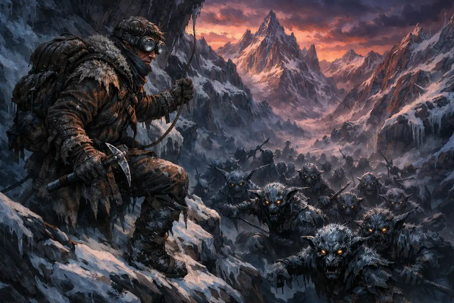 Explorer crossing a frozen mountain pass at twilight