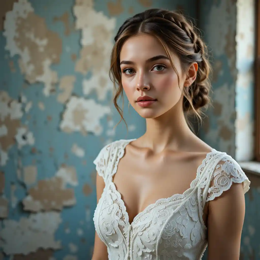 Soft bridal portrait of a young woman in lace