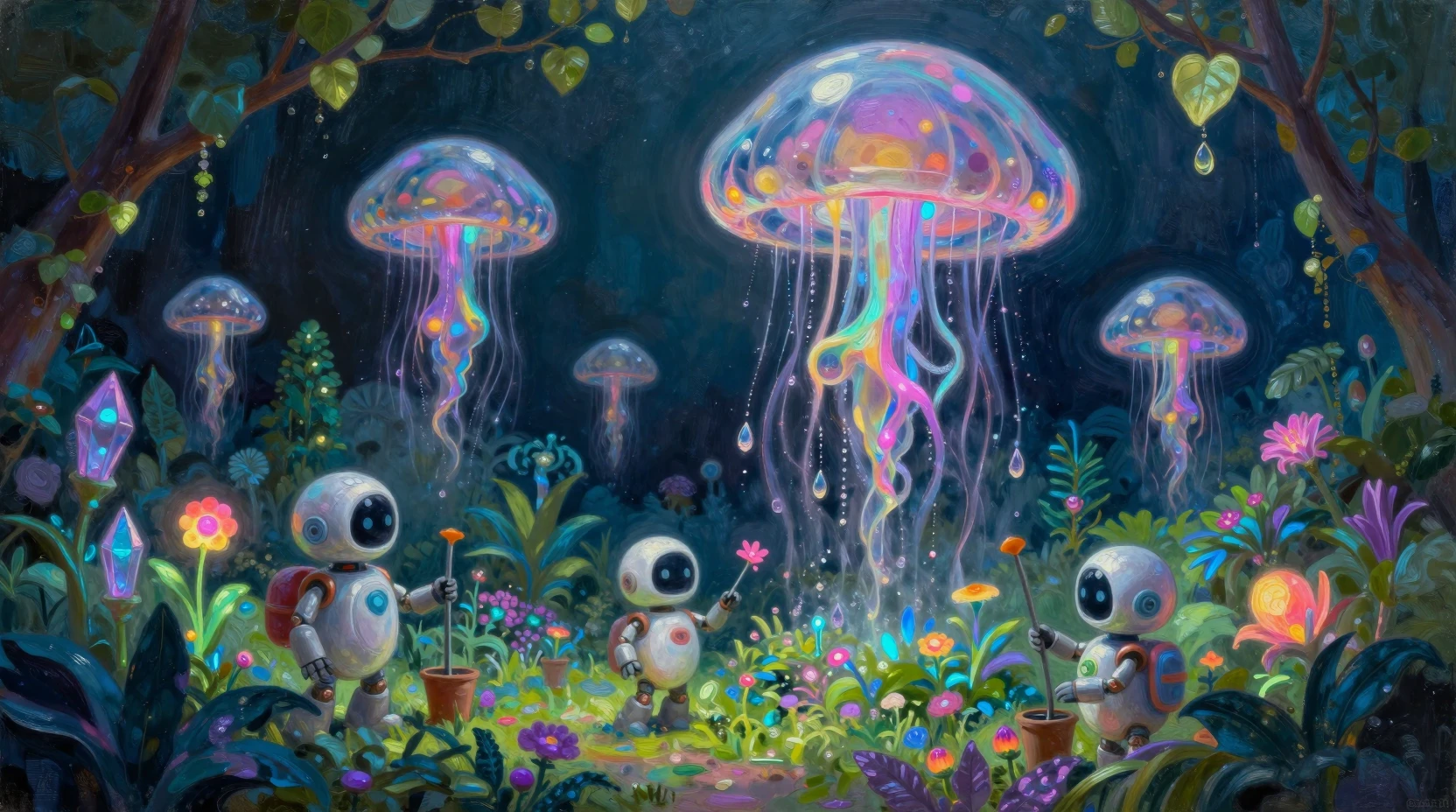 Jardín futurista fantasioso con robots y plantas brillantes