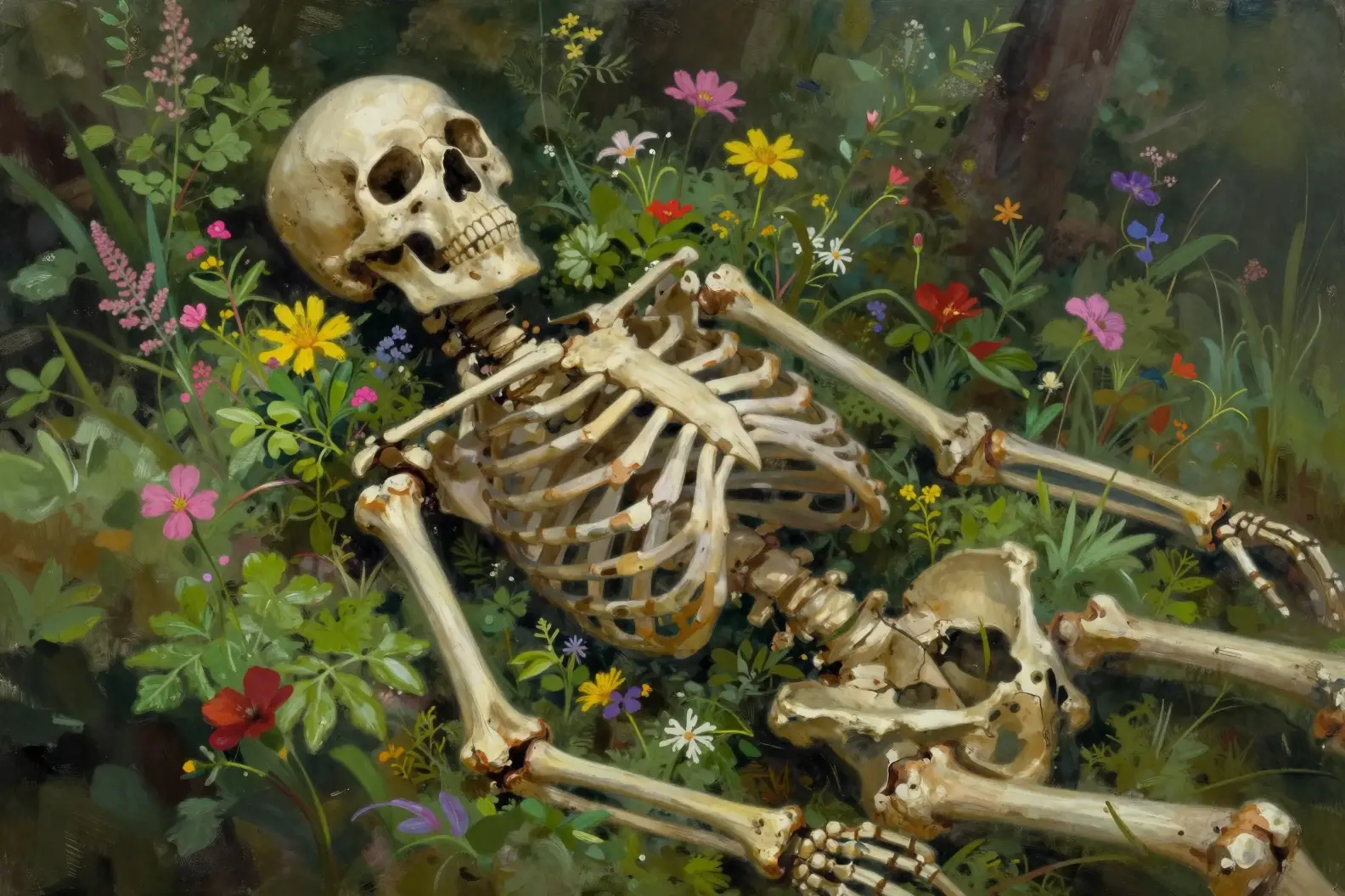 Skeleton entwined with vibrant flowers and foliage
