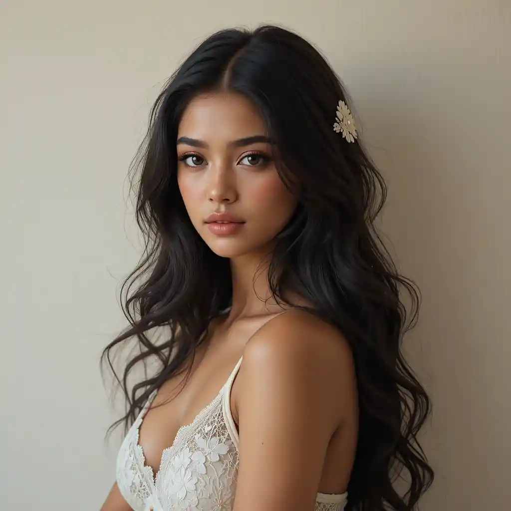 Young woman portrait in white lace bra against neutral wall