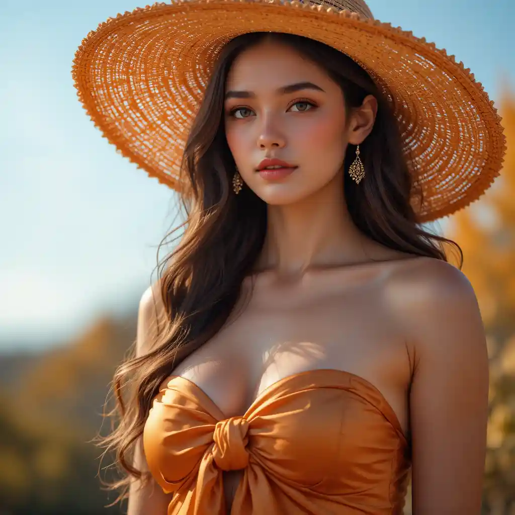 Femme glamour en bustier orange et chapeau de soleil en extérieur