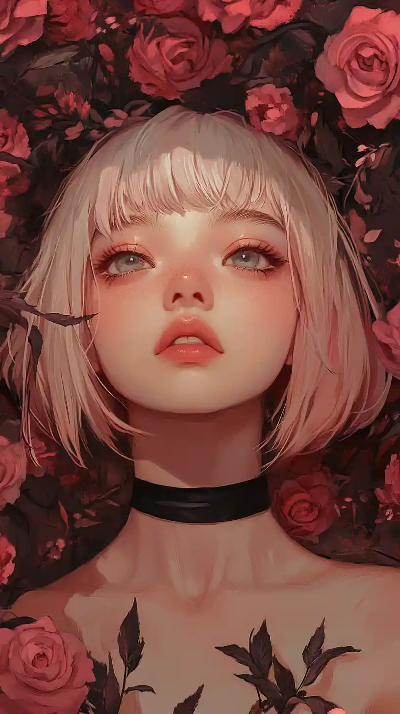 Anime girl portrait framed by pastel blooming roses