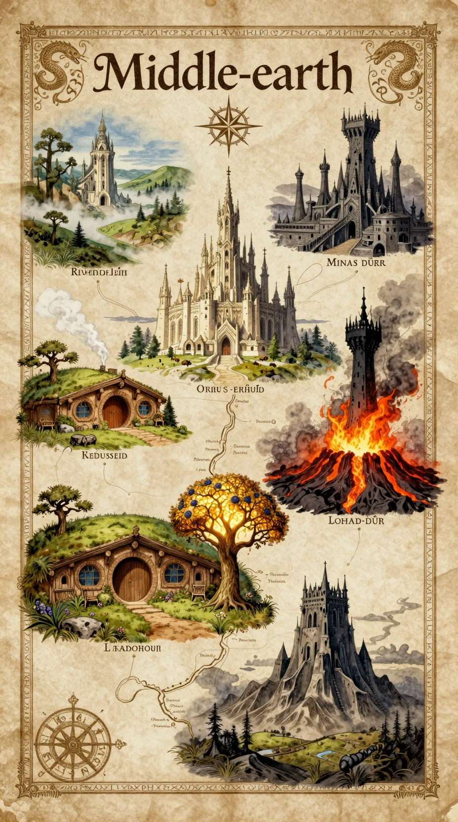 Vintage illustrated fantasy map on aged parchment