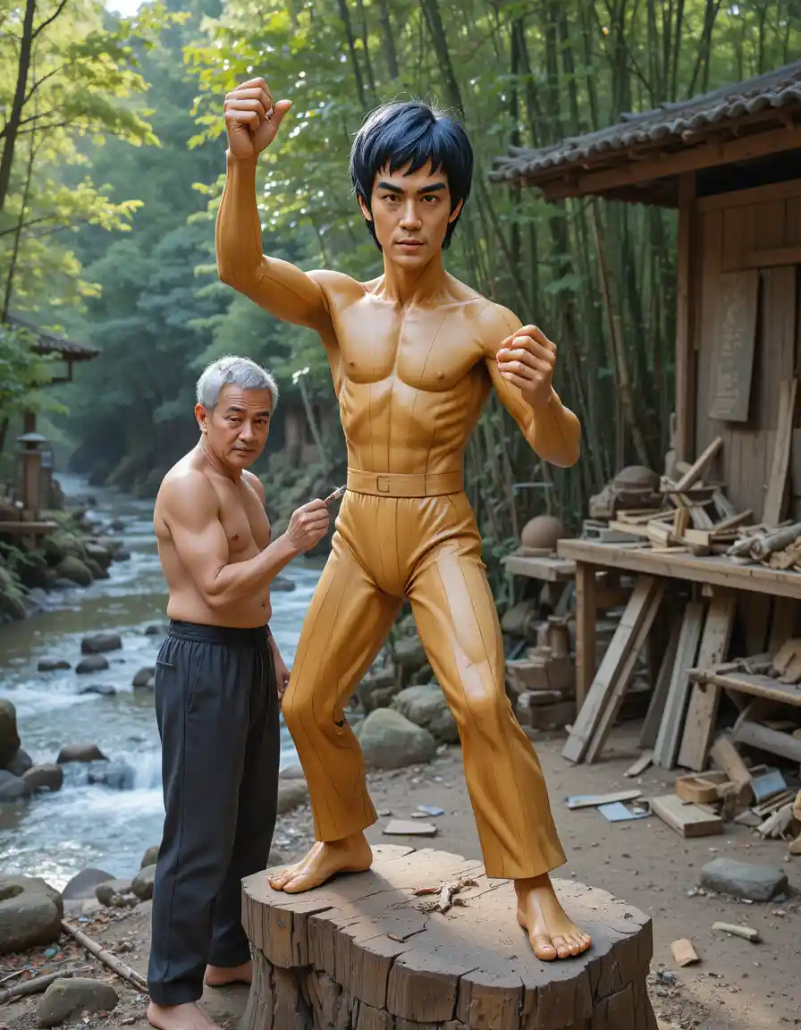야외에서 나무로 만든 무술 조각상을 새기는 노장 장인
