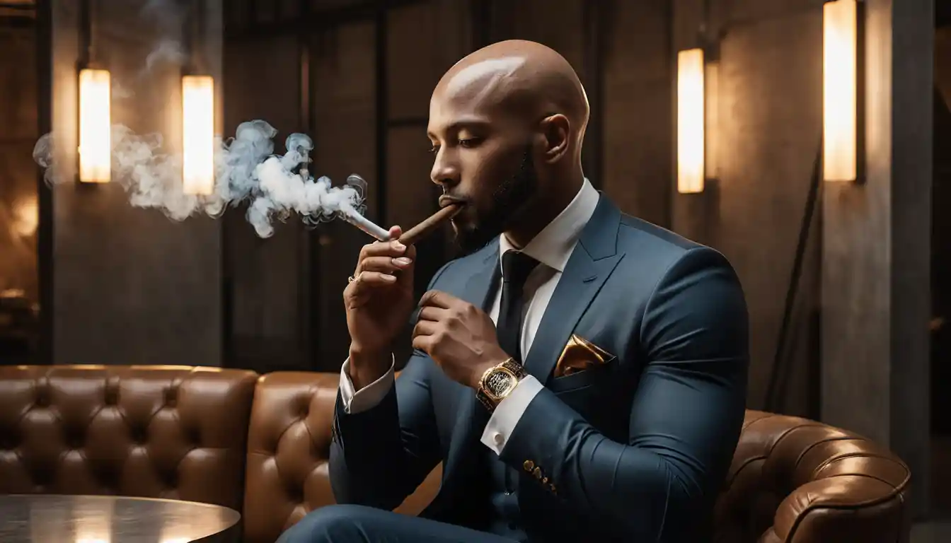 Confident bald man smoking cigar in industrial luxury interior