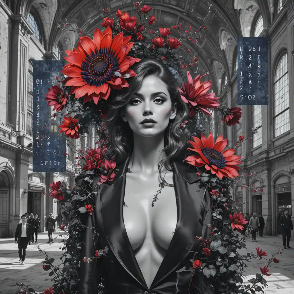 Surreal woman portrait in abandoned grand central hall