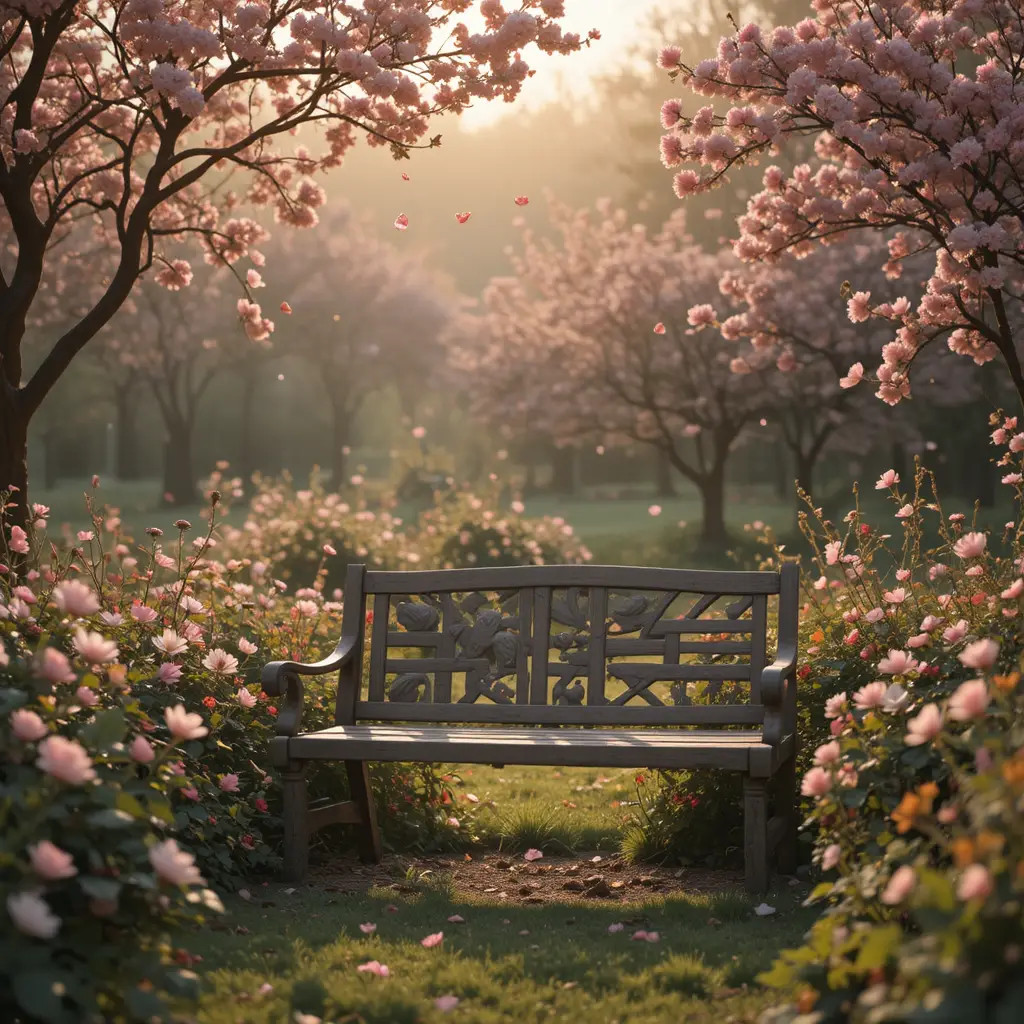 Panchina da giardino nella soffice luce primaverile con petali fluttuanti