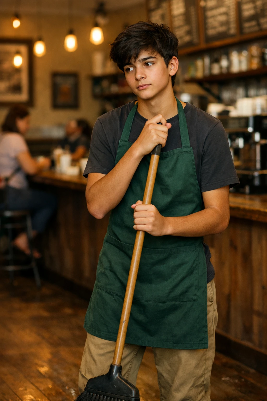 Teenage barista sweeping the floor in a coffee shop