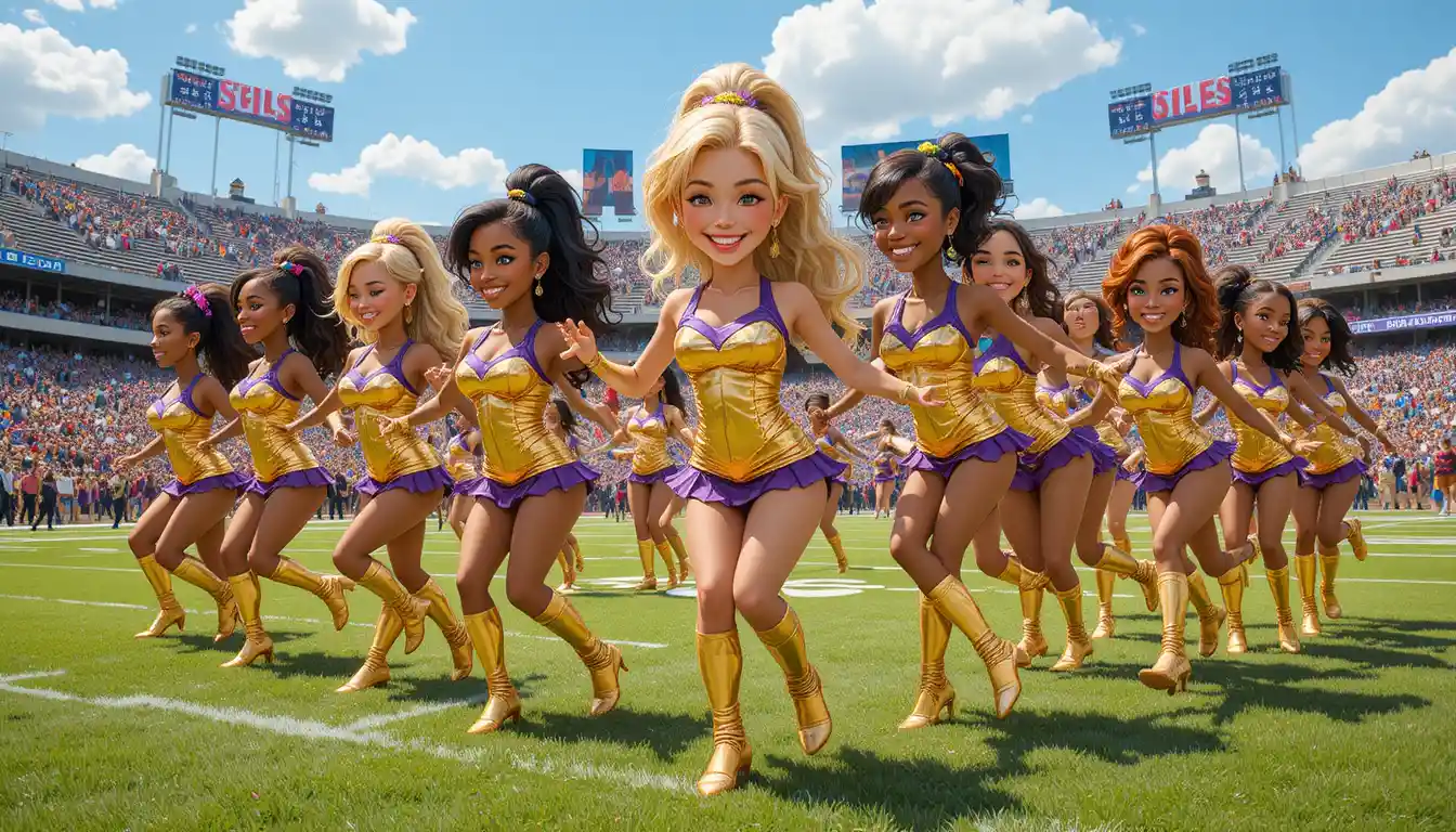 Cheer squad performing on a sunny stadium field