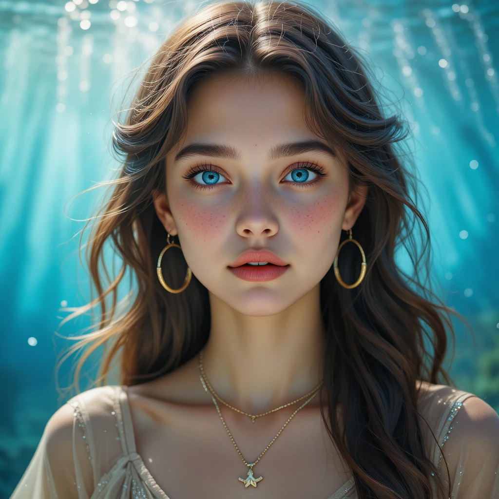 Young woman portrait with blue eyes and gold jewelry