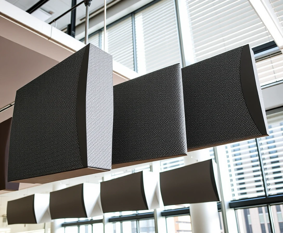 Acoustic baffles with daylight filtering in a modern office interior
