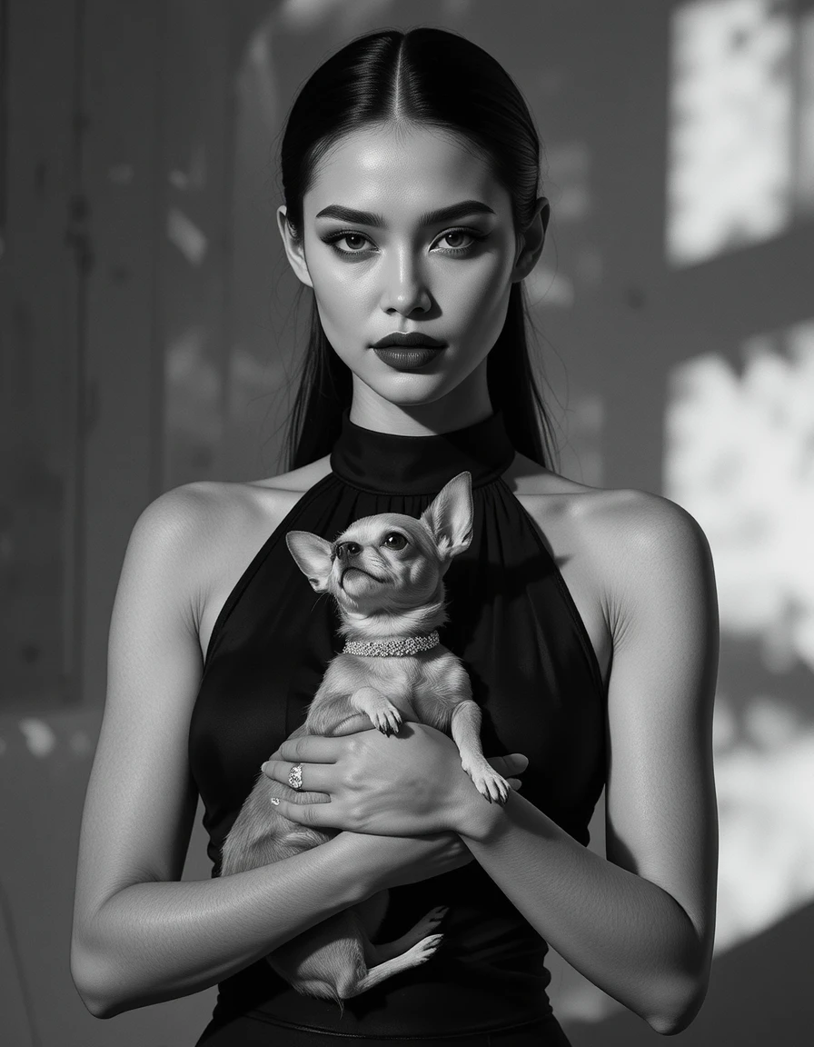 Elegant woman with chihuahua in monochrome fashion portrait