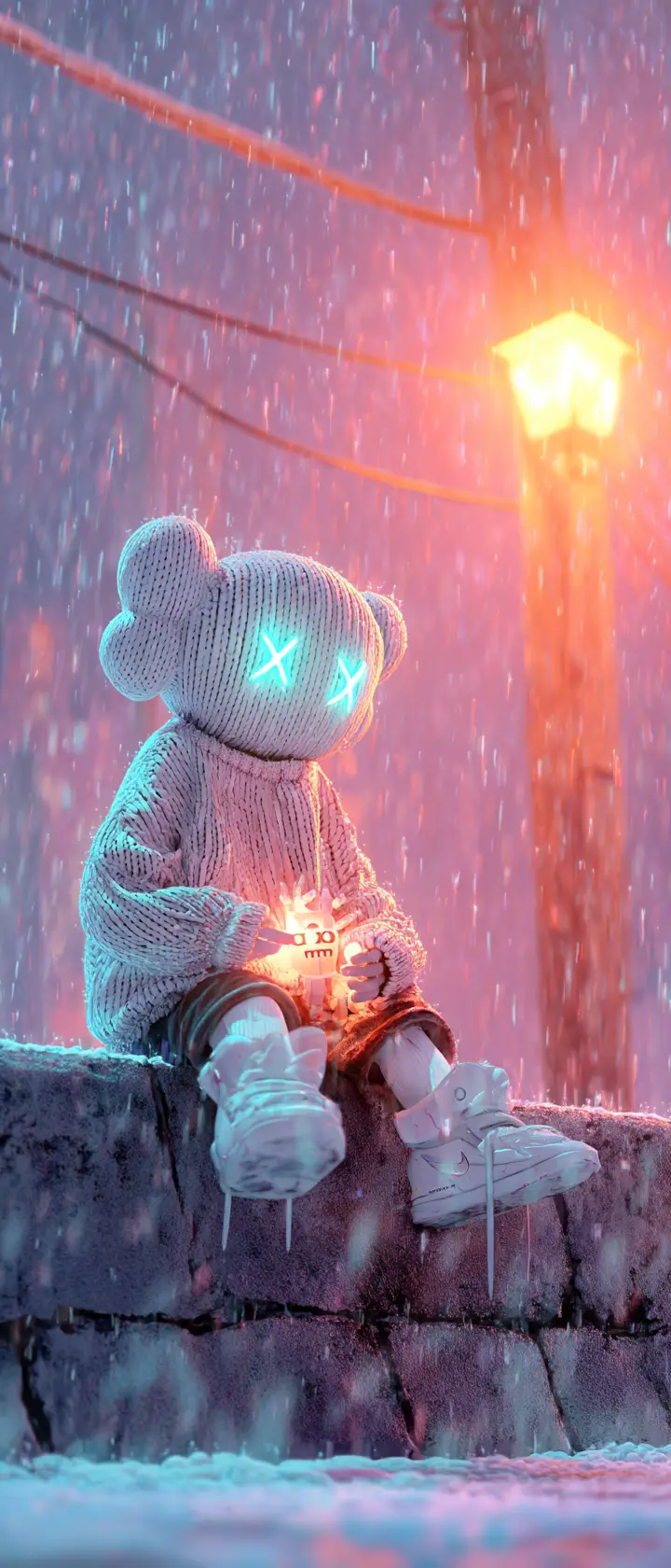 Anime child on snowy curb holding glowing broken toy