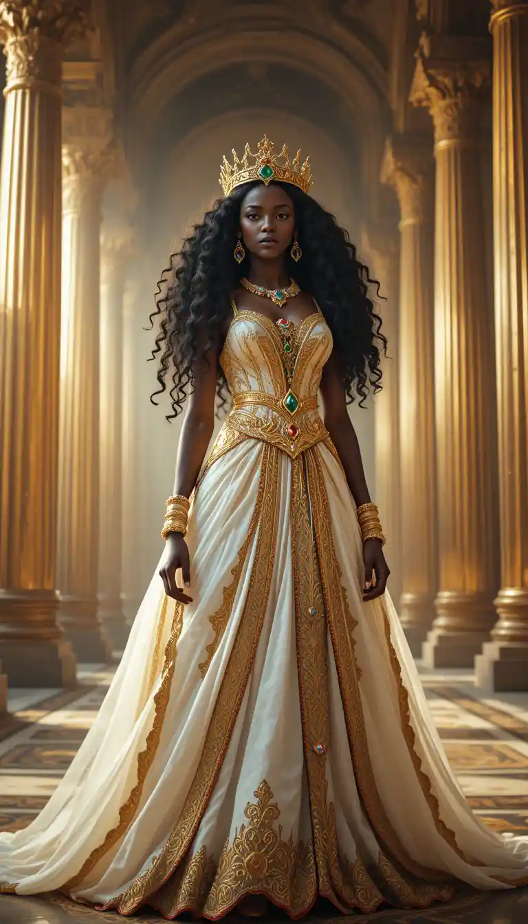 Regal Black Queen In Golden Palace With Royal Gown