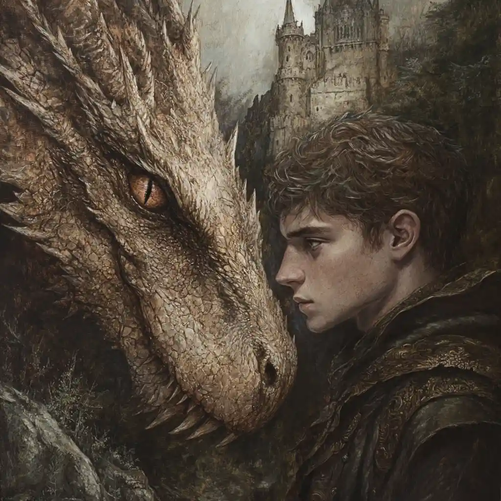 Man And Dragon Fused Before A Distant Medieval Castle
