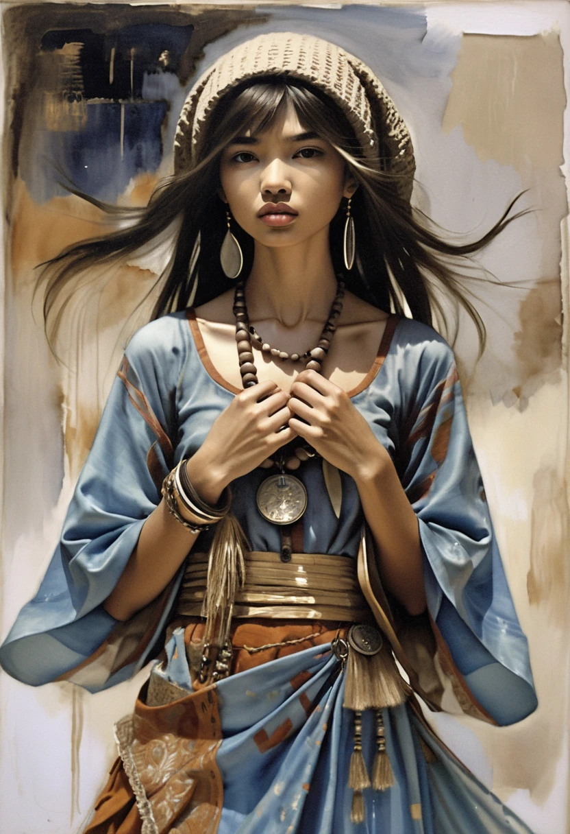Bohemian Asian woman in knit hat against abstract painting
