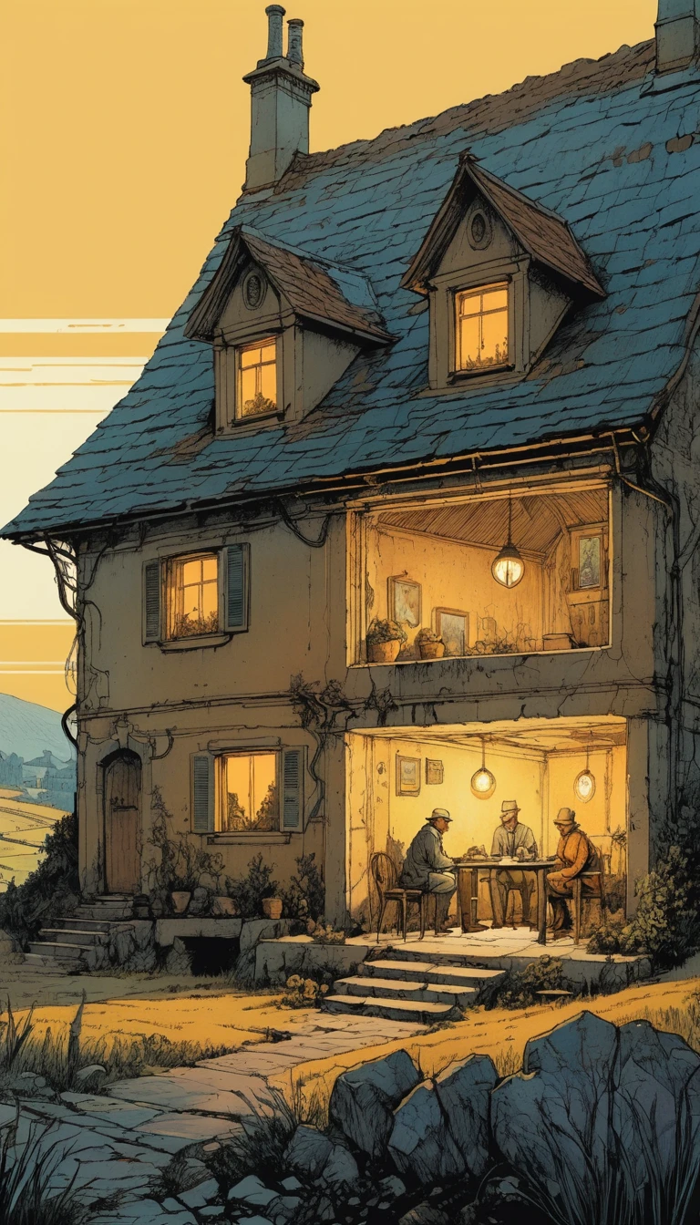 Rural fantasy cottage under dim lamplight window scene