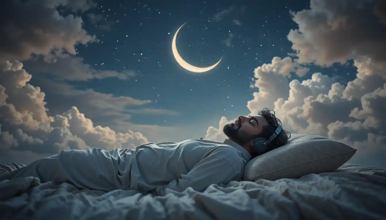 Muslim man sleeping on bed under dreamy night sky