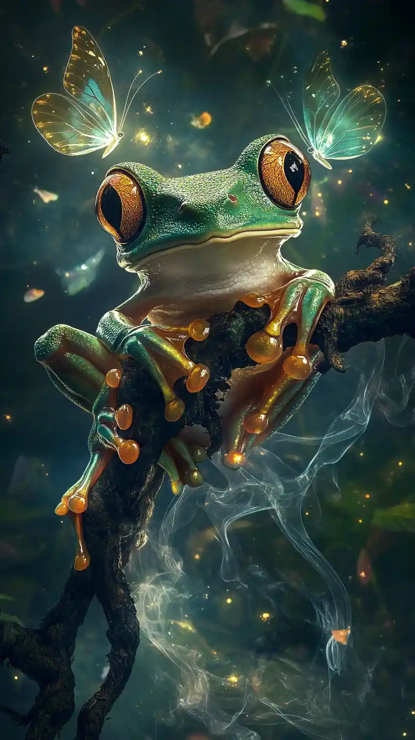 Surrealer Baumfrosch mit leuchtenden Augen auf verdrehtem Ast