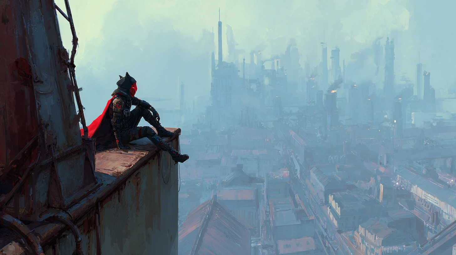 Masked vigilante overlooking a vast industrial style city