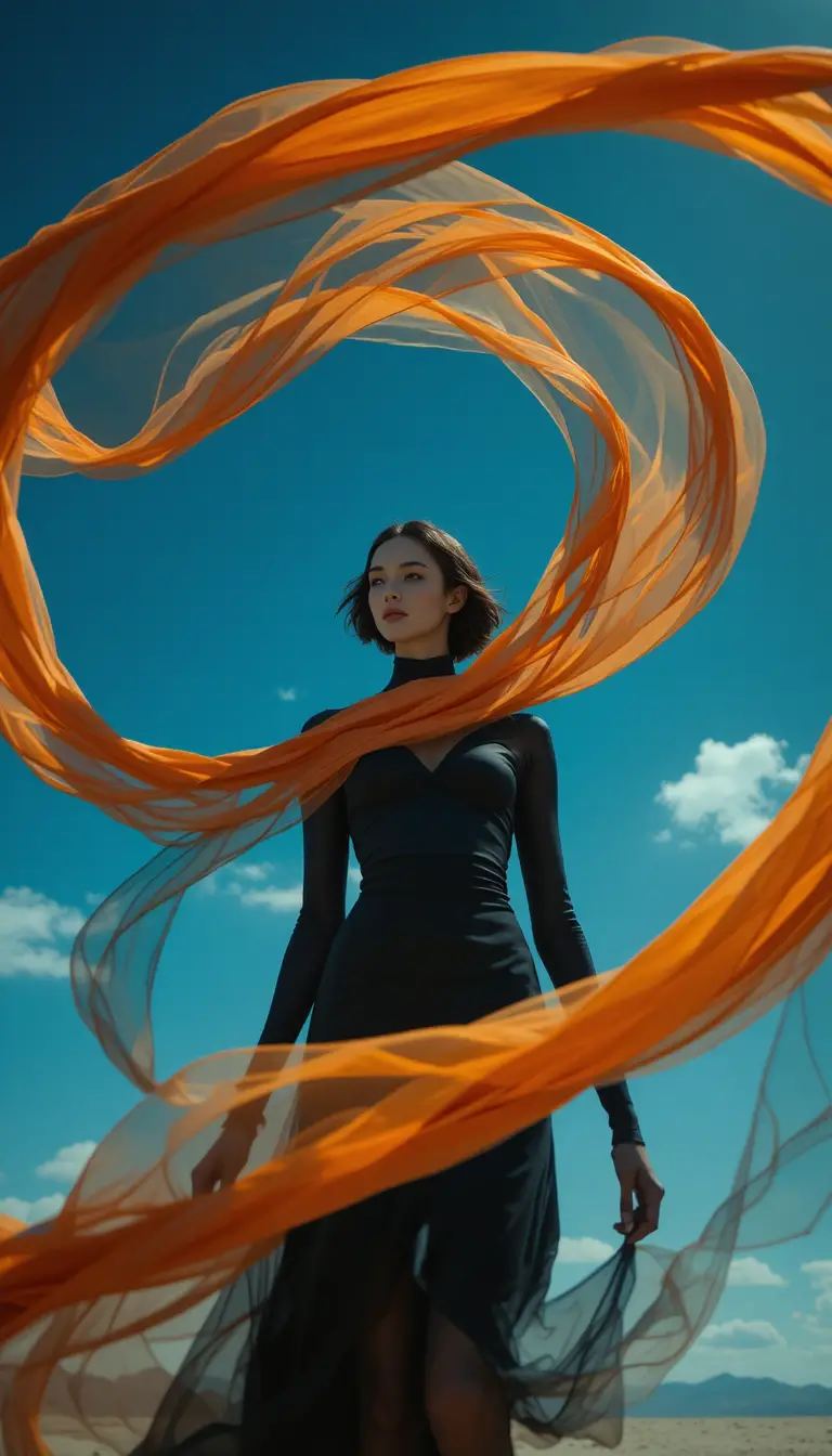 Woman in black outfit with orange fabric under blue sky