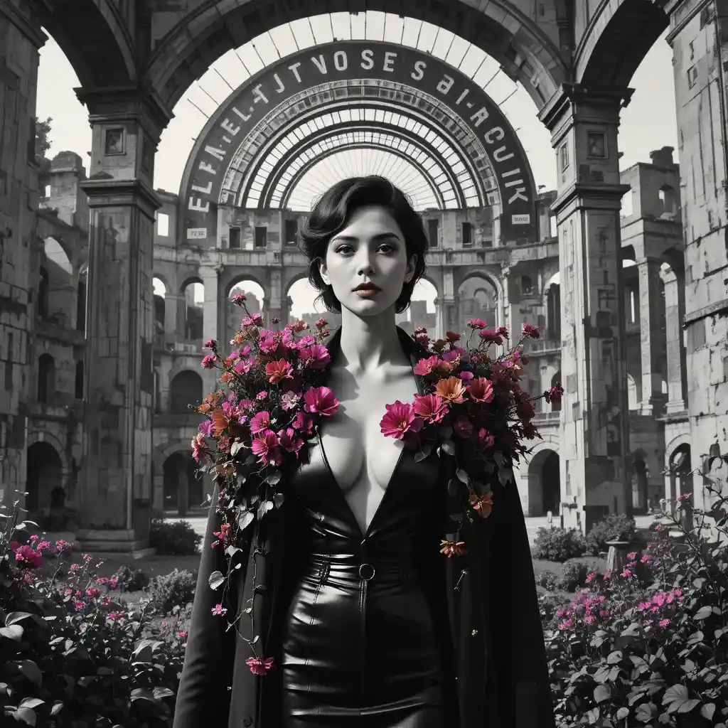 Surreal woman portrait in ruins with vivid floral collage