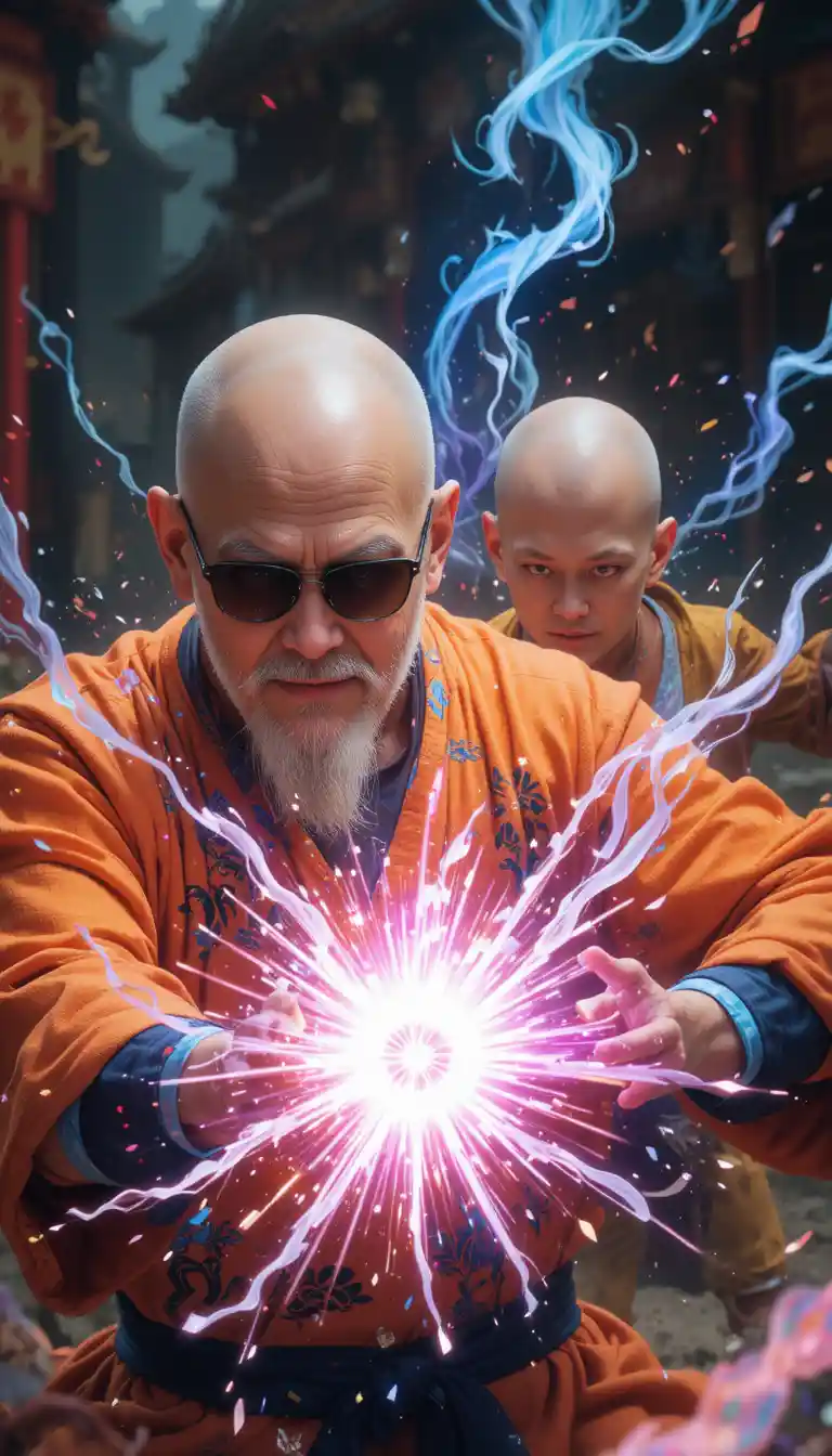 Two bald fighters clash in an intense energy battle