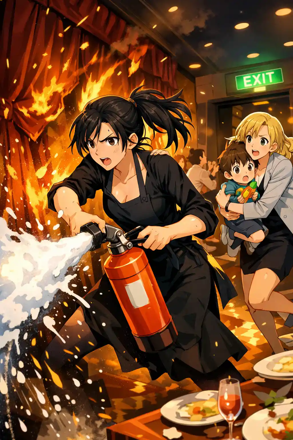 Anime heroine battling a small fire in upscale restaurant
