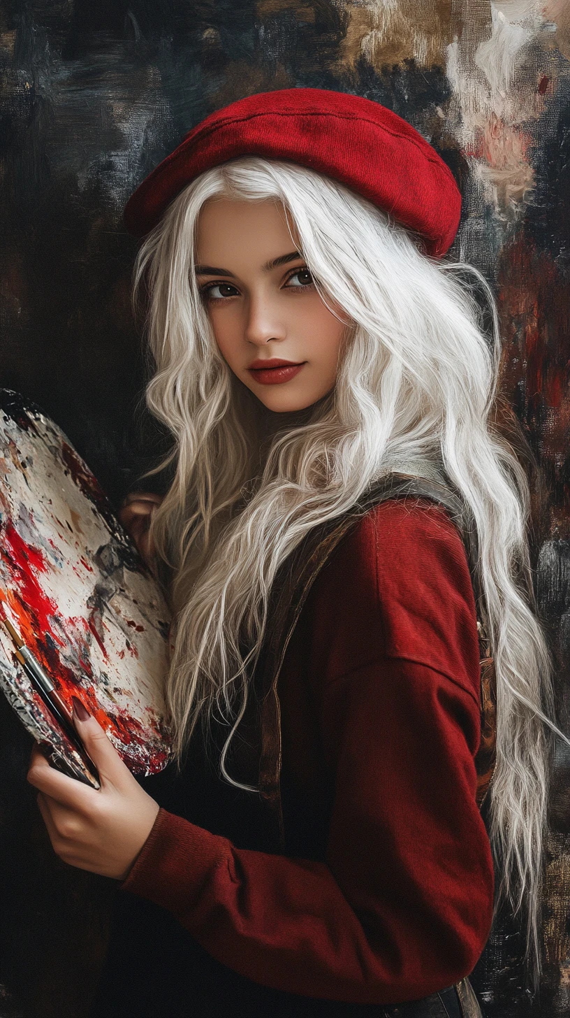 Jeune artiste souriante aux cheveux blancs tenant un pinceau et une palette