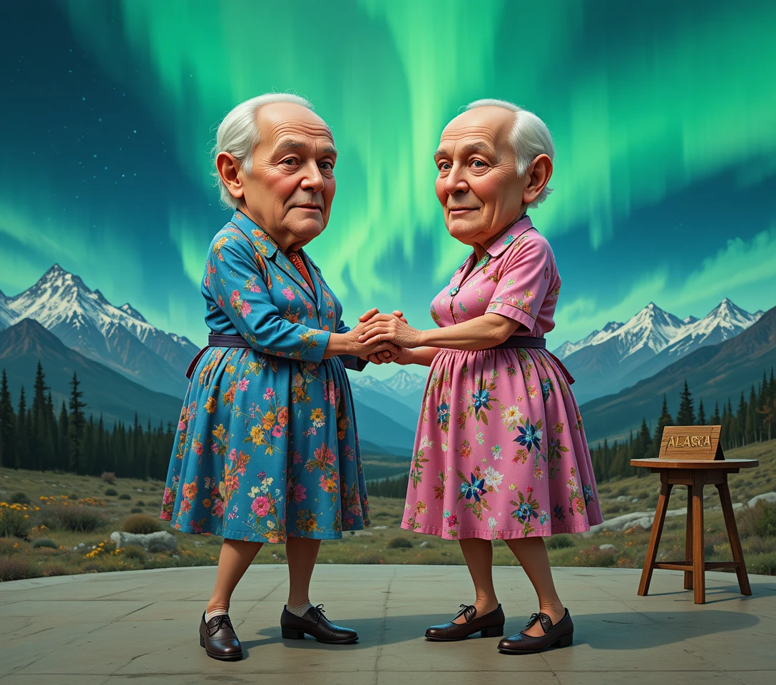 Elderly men dancing in dresses under green aurora