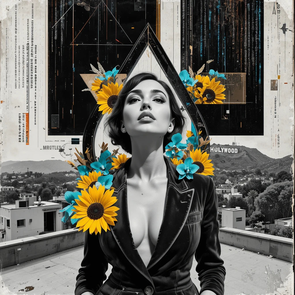 Surreal rooftop portrait of a woman with flowers and code