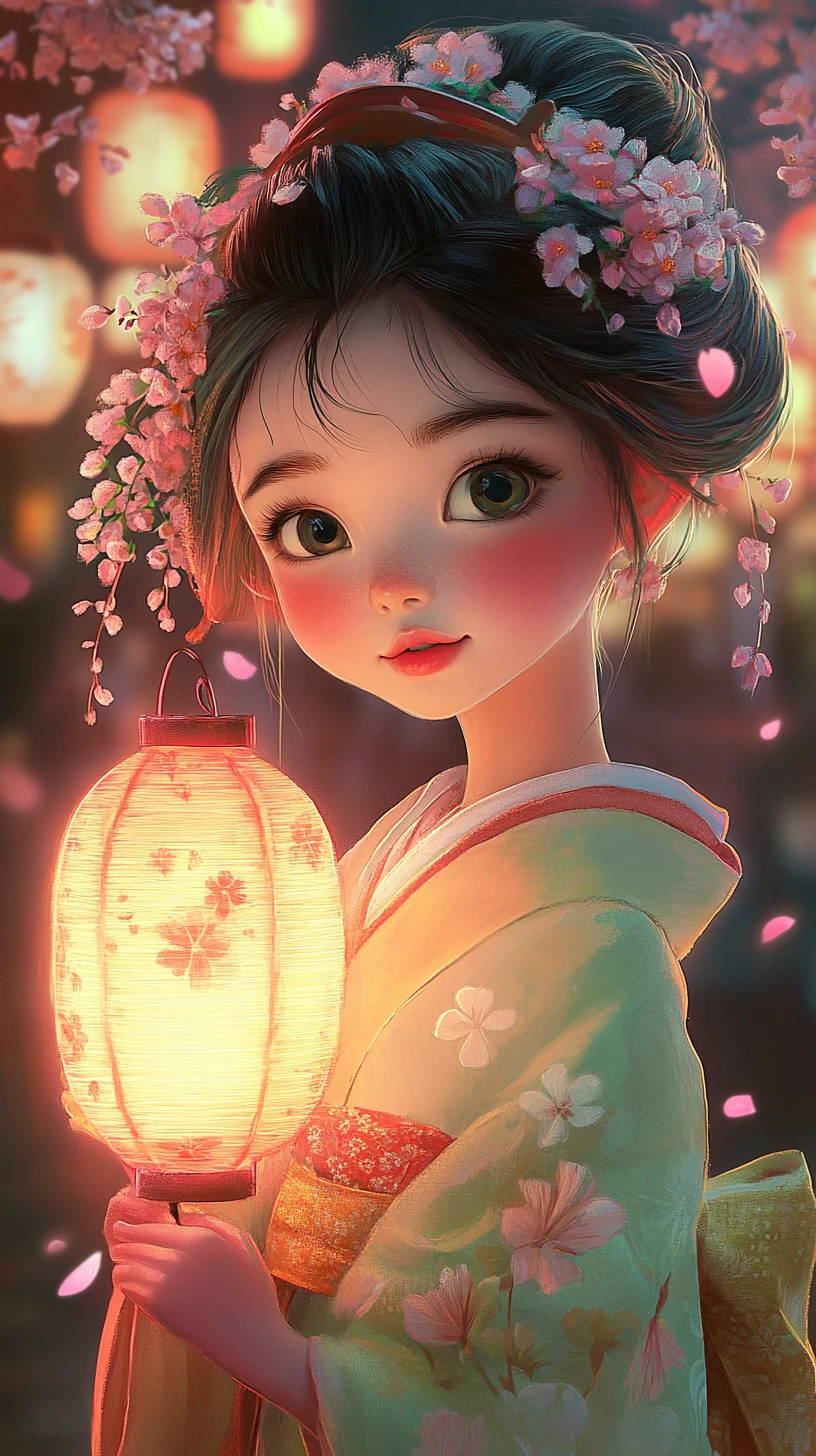 Young geisha girl holding a glowing lantern at night