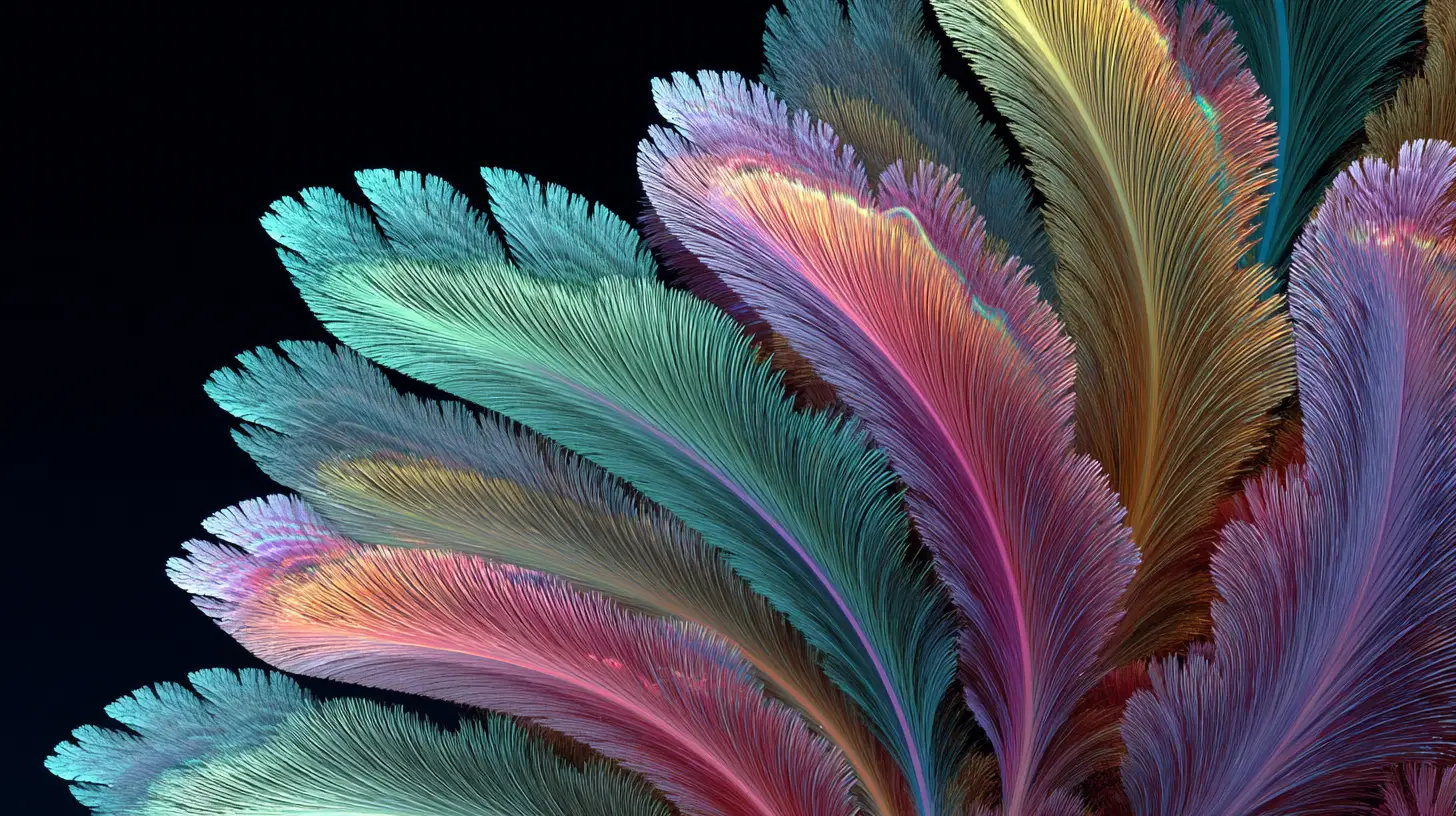 Colorful iridescent fractal feather spiral on black background