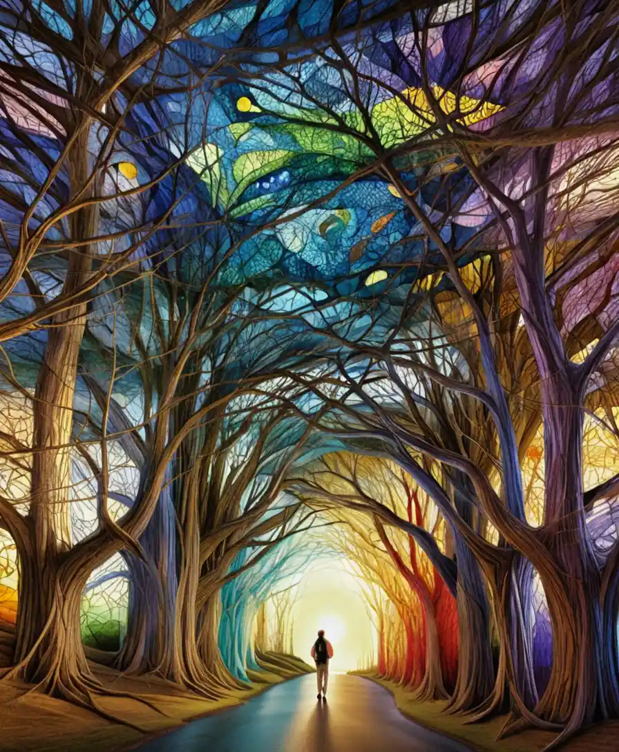 Colorful tree tunnel in scribble line art with distant figure