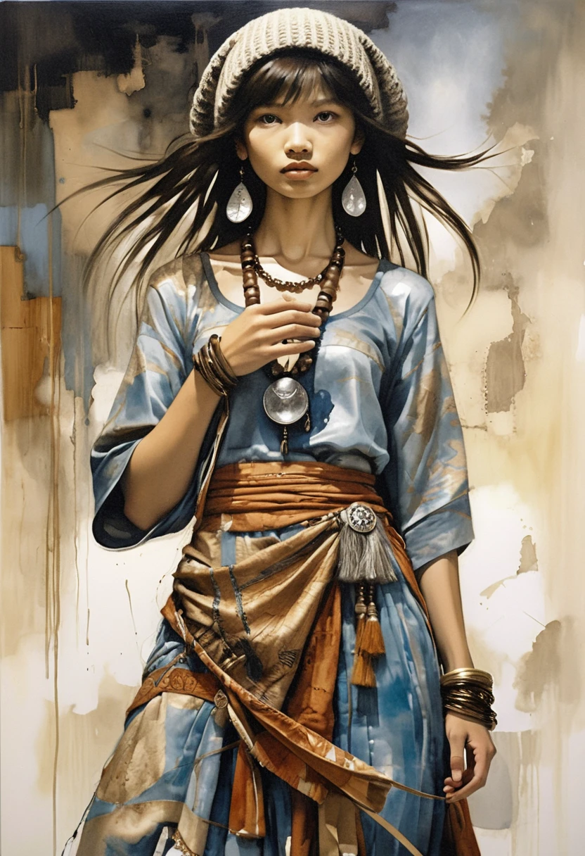 Bohemian Asian woman in hat against abstract painted background