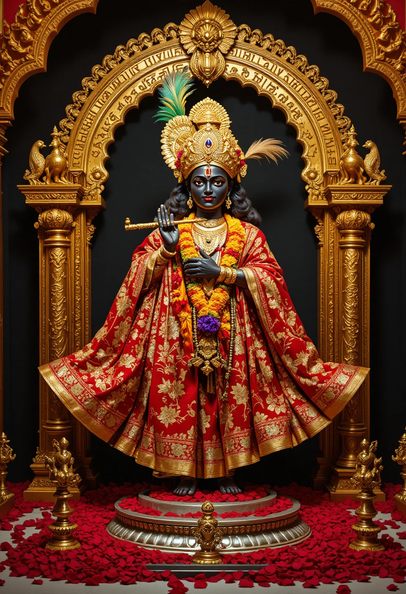 Hindu deity statue adorned in red and gold temple finery