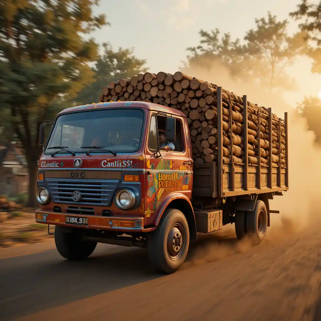 Indian truck racing along dusty rural road at sunset