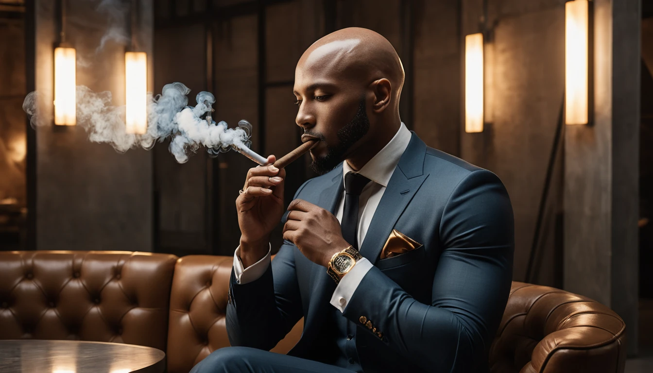 Confident bald man smoking cigar in industrial luxury interior