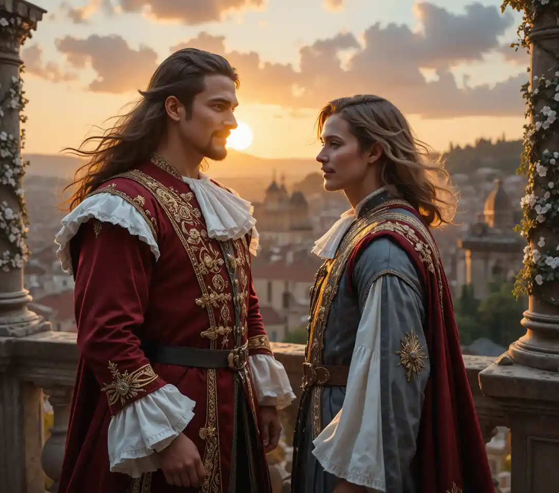 Proud nobleman on balcony above a medieval city at sunset