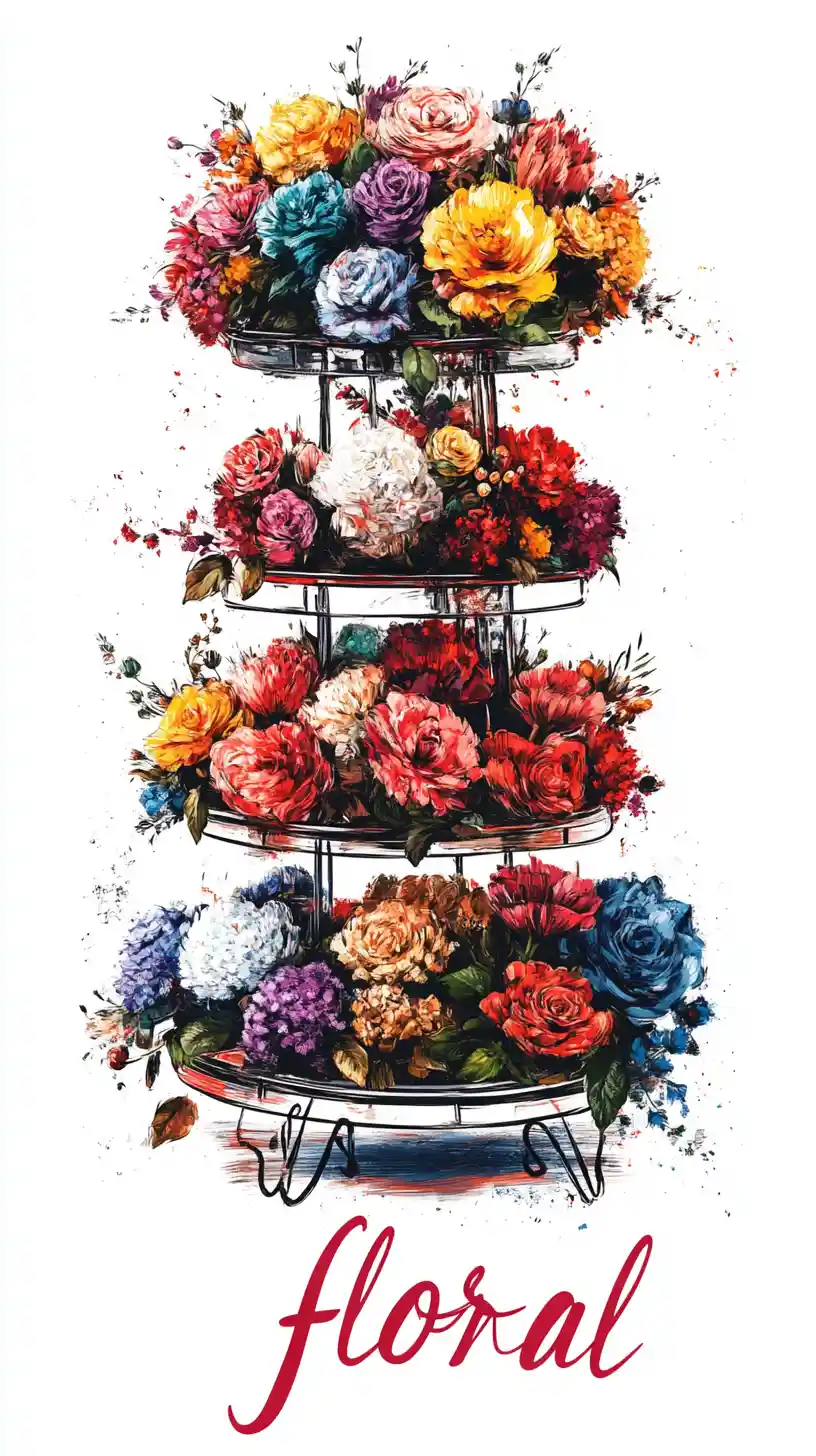 Pointillist floral stand illustration with bold calligraphy text