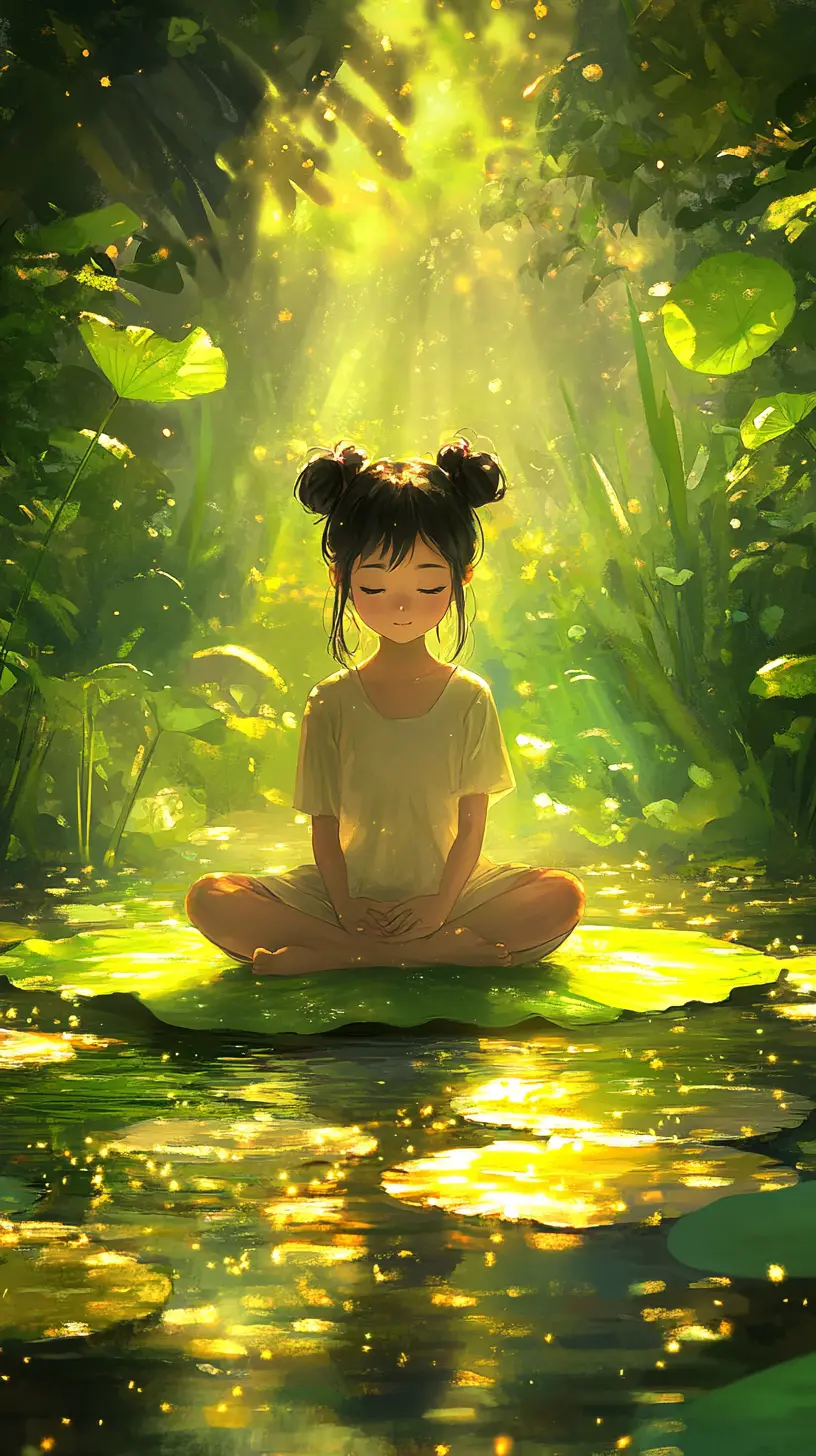 Young girl sitting on a lily pad in a tranquil pond