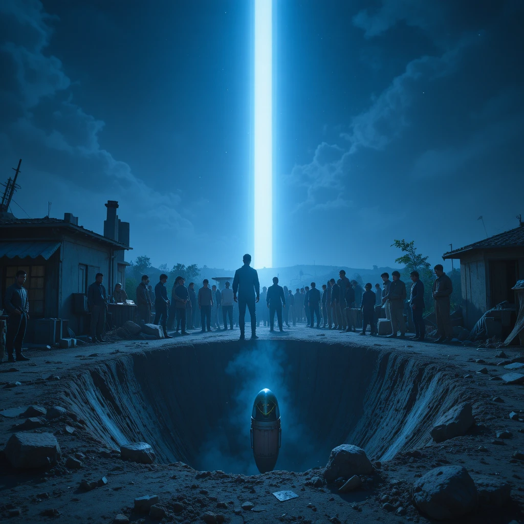 People on a rooftop stare at a strange blue light