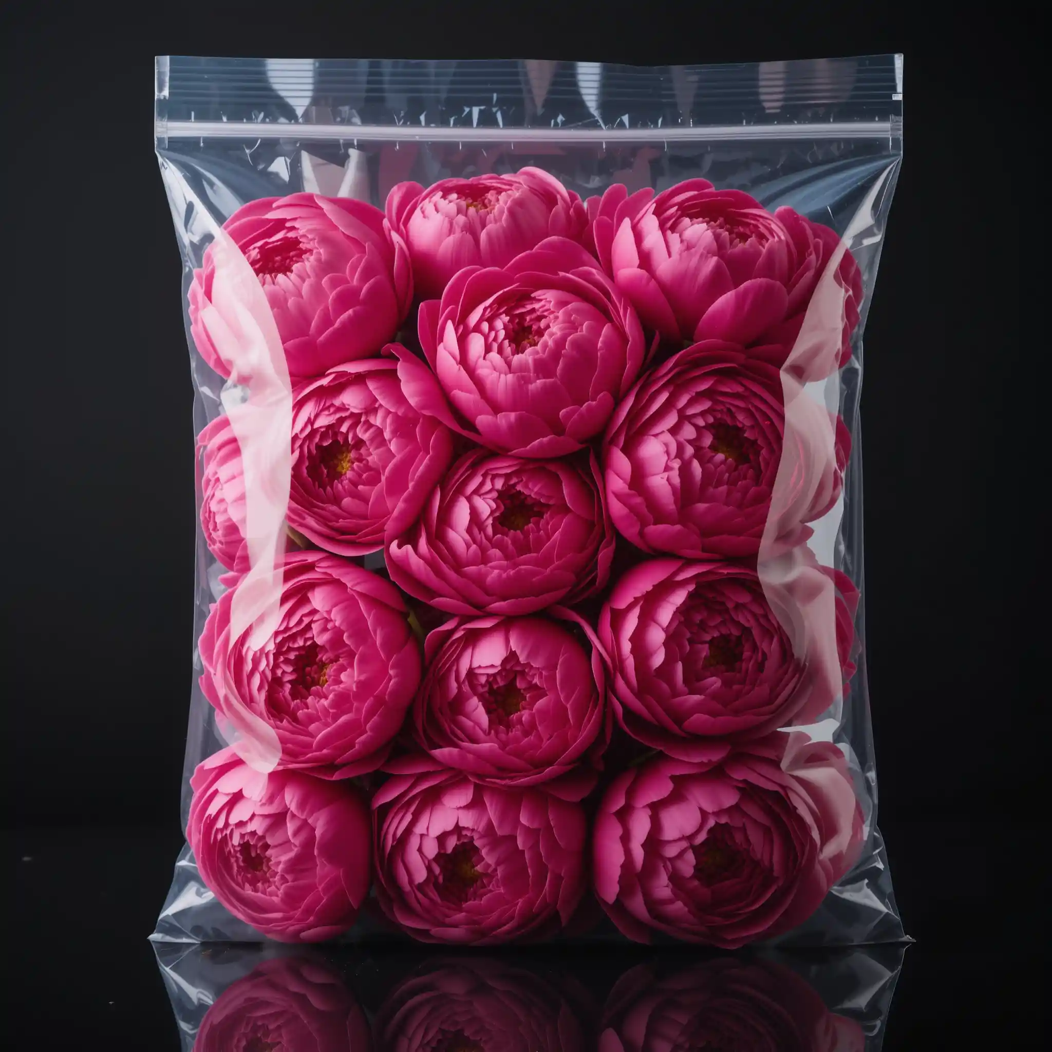 Peonie rosa sottovuoto in un sacchetto di plastica trasparente quadrato