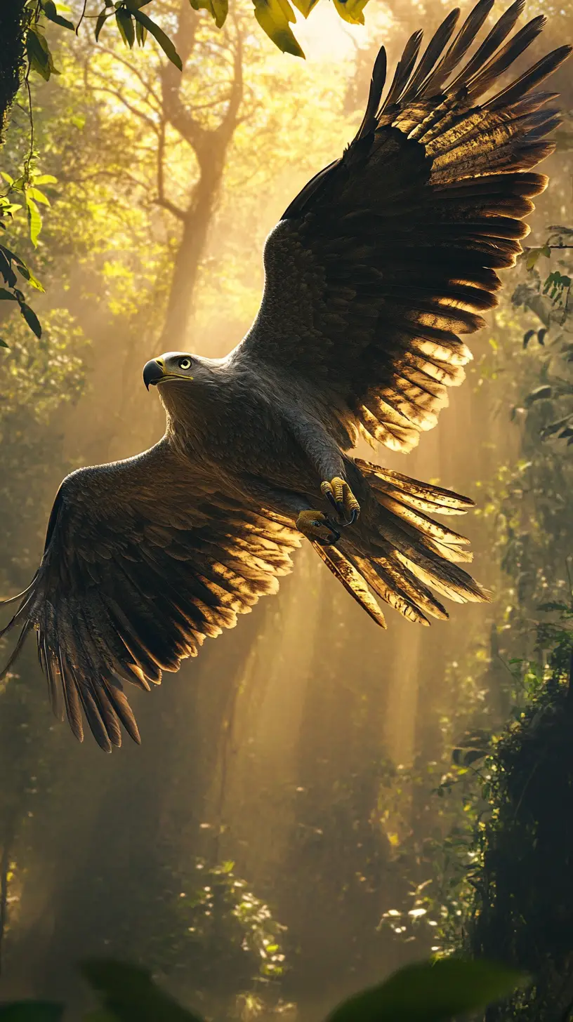 Harpy eagle diving through misty jungle canopy