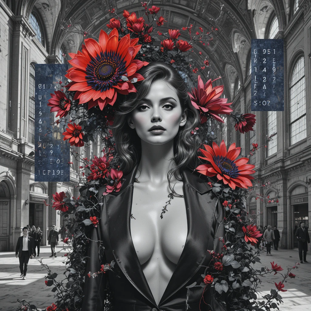 Surreal woman portrait in abandoned grand central hall