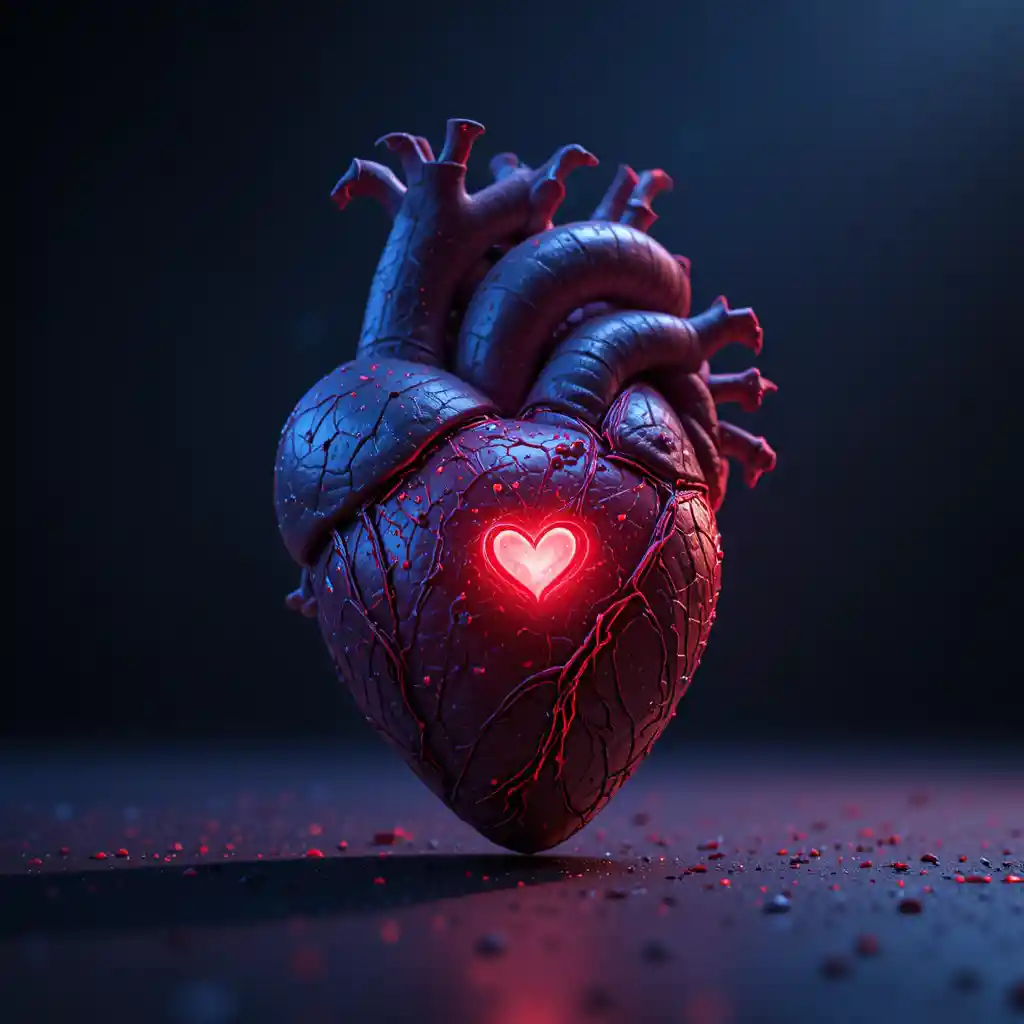 Crying 3D heart character on a dark cinematic background